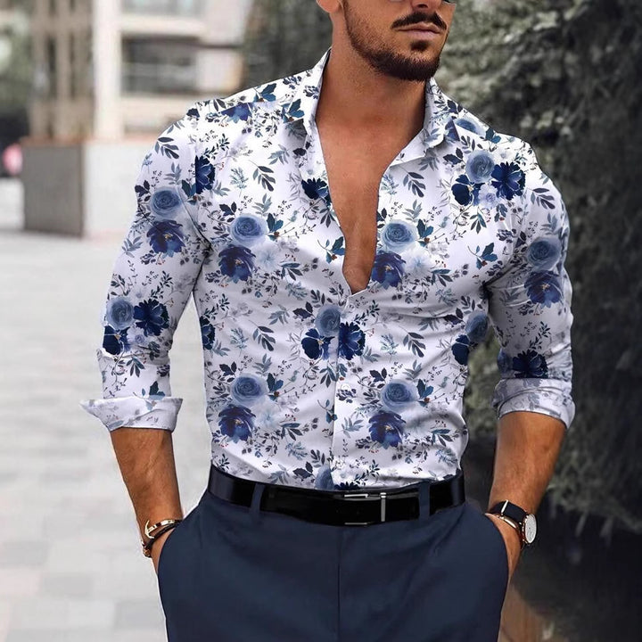 Men's Floral Print Long-Sleeve Shirt Slim-Fit Button-Down Casual