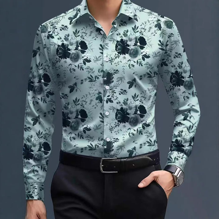 Men's Floral Print Long-Sleeve Shirt Slim-Fit Button-Down Casual