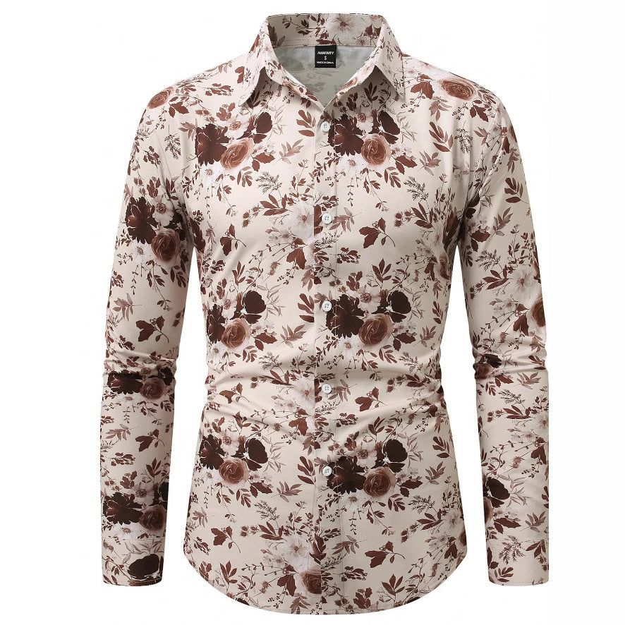 Men's Floral Print Long-Sleeve Shirt Slim-Fit Button-Down Casual