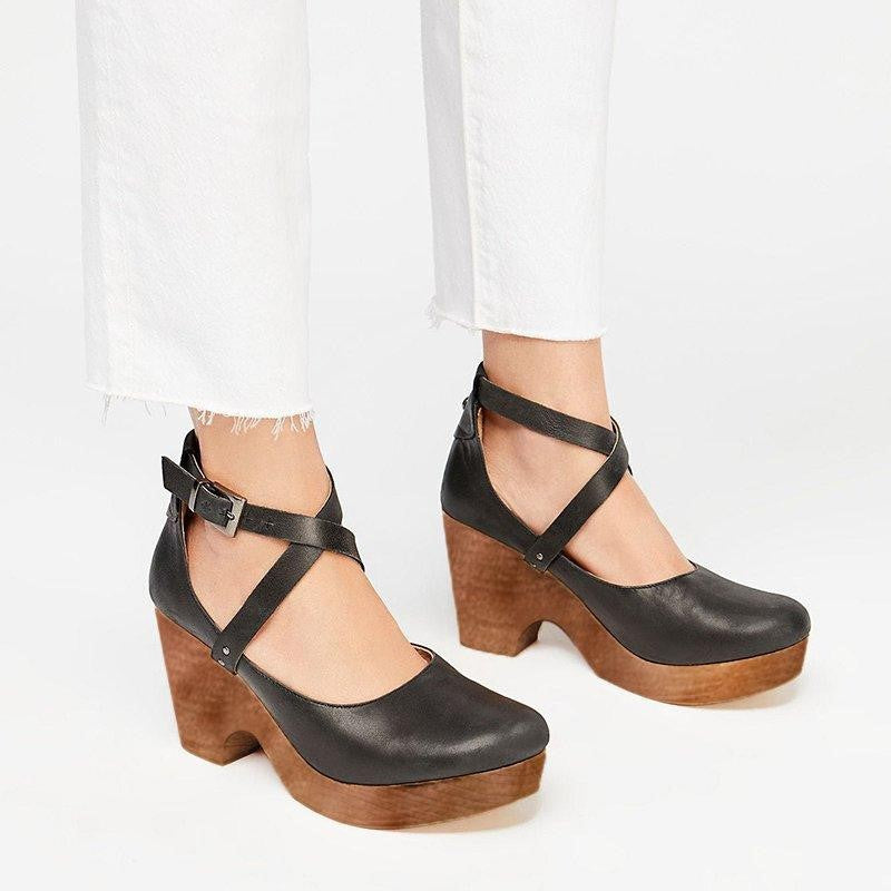 Platform Shoes - Cross Strap Block Heel Mary Jane
