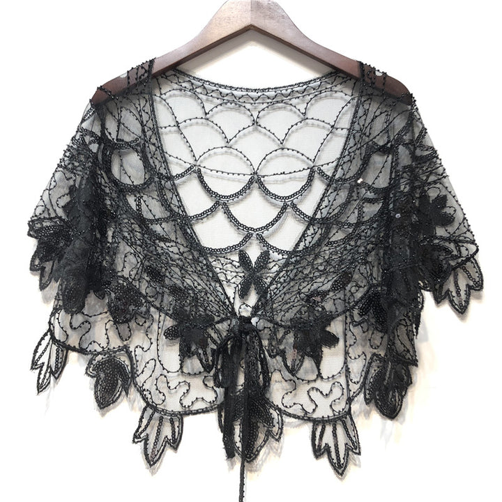 Sheer Tops - Sequin Beaded Mesh Capelet Evening Shawl