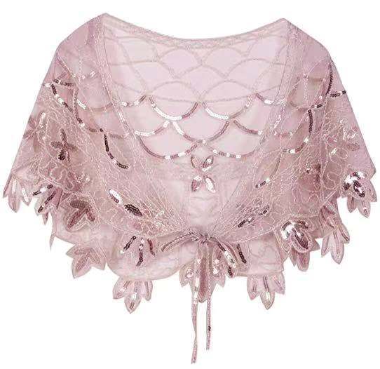 Sheer Tops - Sequin Beaded Mesh Capelet Evening Shawl