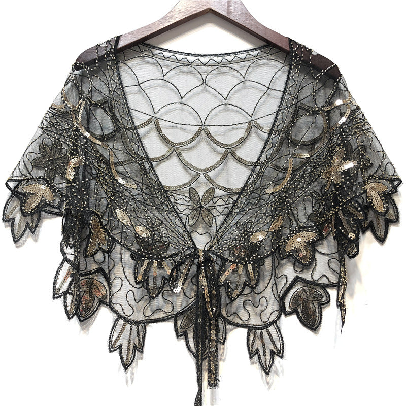 Sheer Tops - Sequin Beaded Mesh Capelet Evening Shawl