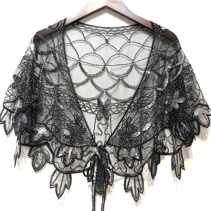 Sheer Tops - Sequin Beaded Mesh Capelet Evening Shawl