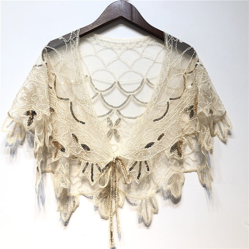 Sheer Tops - Sequin Beaded Mesh Capelet Evening Shawl