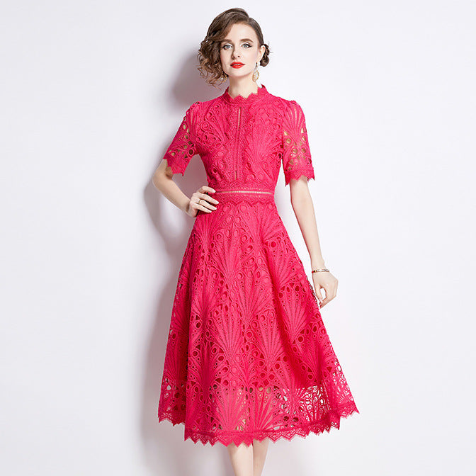 Lace Midi Dress - Hollow Out A-Line Short Sleeve