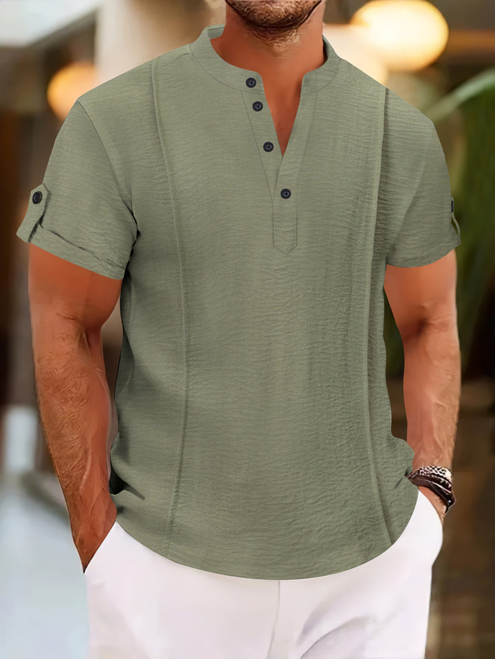 Men's Linen Henley Shirt Short-Sleeve Band Collar Casual Summer Top