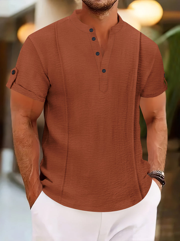 Men's Linen Henley Shirt Short-Sleeve Band Collar Casual Summer Top