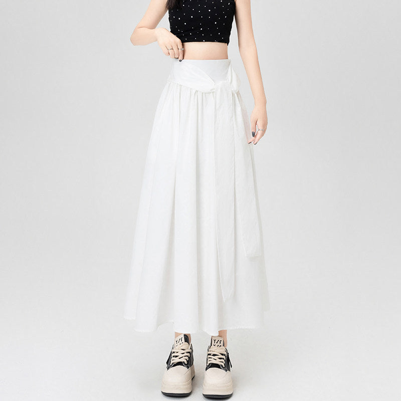Women's High-Waist A-Line Maxi Skirt Bow Tie Waist Pleated Flowy Long Skirt
