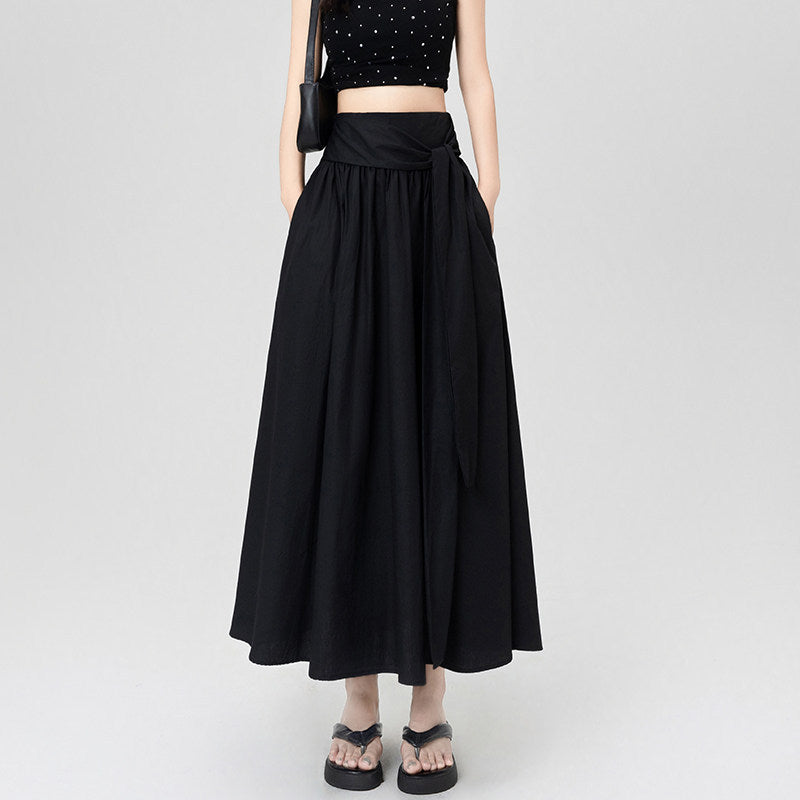Women's High-Waist A-Line Maxi Skirt Bow Tie Waist Pleated Flowy Long Skirt
