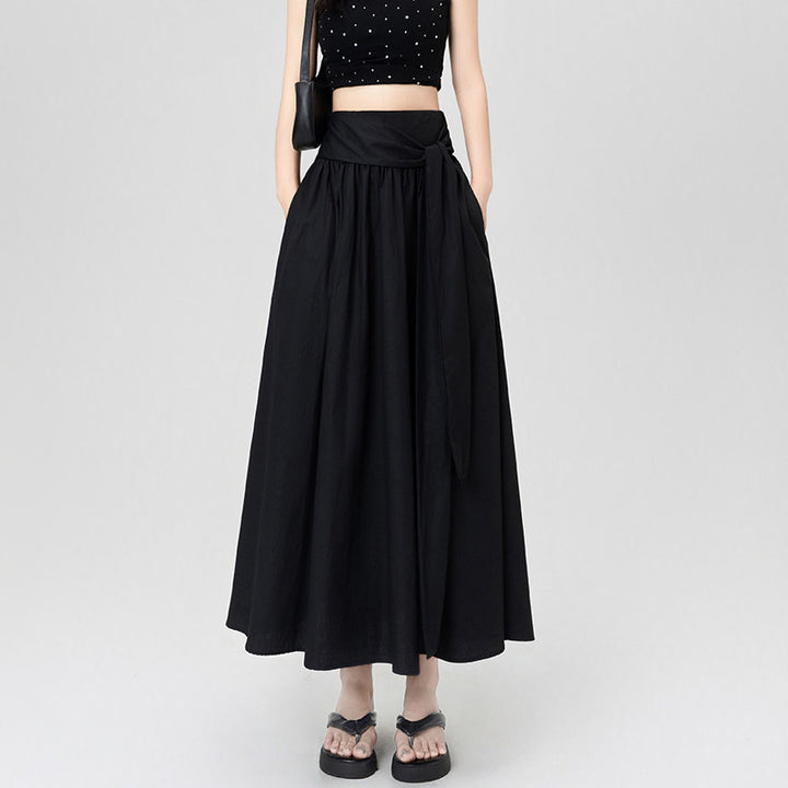 Women's High-Waist A-Line Maxi Skirt Bow Tie Waist Pleated Flowy Long Skirt