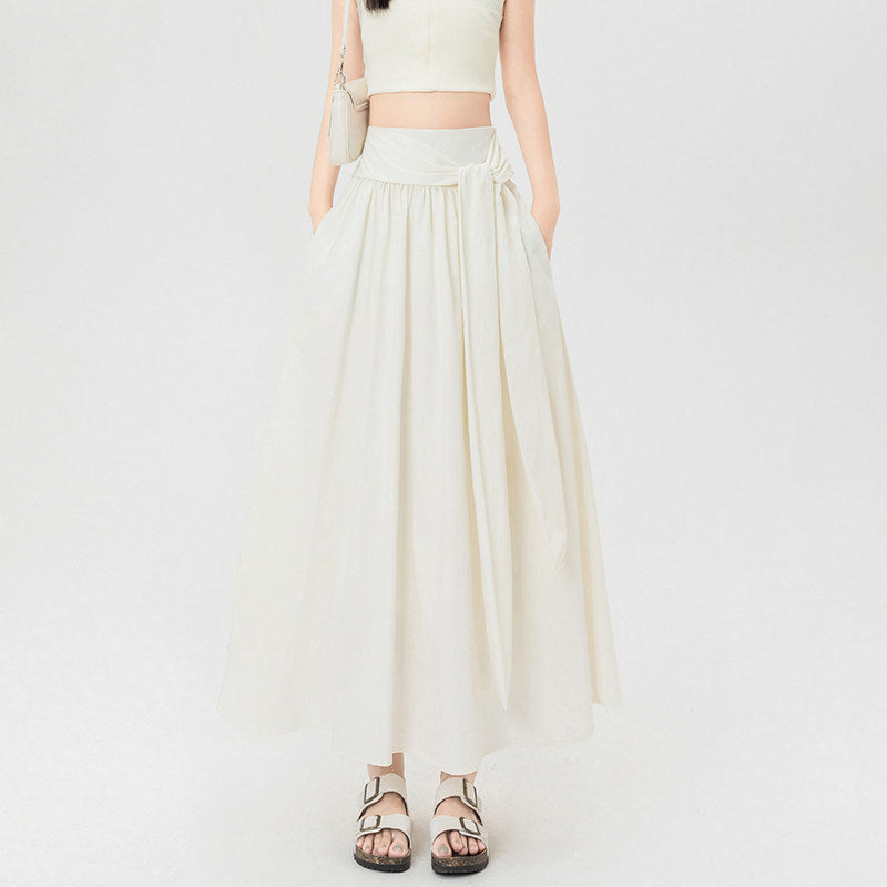 Women's High-Waist A-Line Maxi Skirt Bow Tie Waist Pleated Flowy Long Skirt