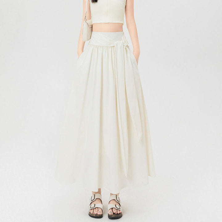 Women's High-Waist A-Line Maxi Skirt Bow Tie Waist Pleated Flowy Long Skirt