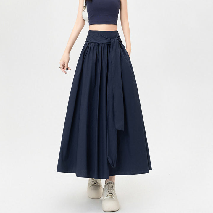 Women's High-Waist A-Line Maxi Skirt Bow Tie Waist Pleated Flowy Long Skirt