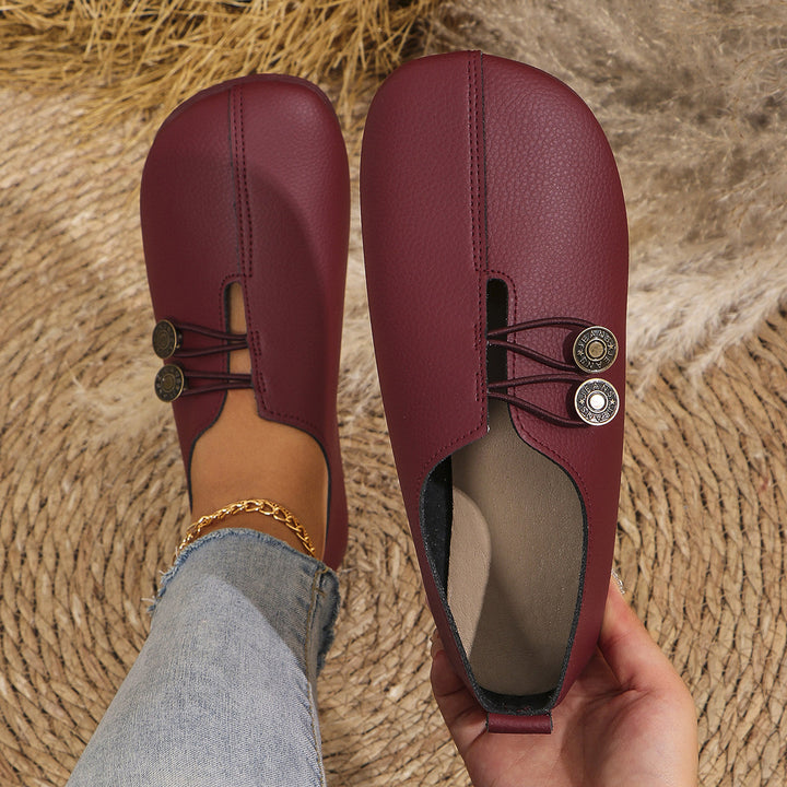 Women's Vintage Flat Loafers Cut Out Side Button Detail Slip On Casual Shoes