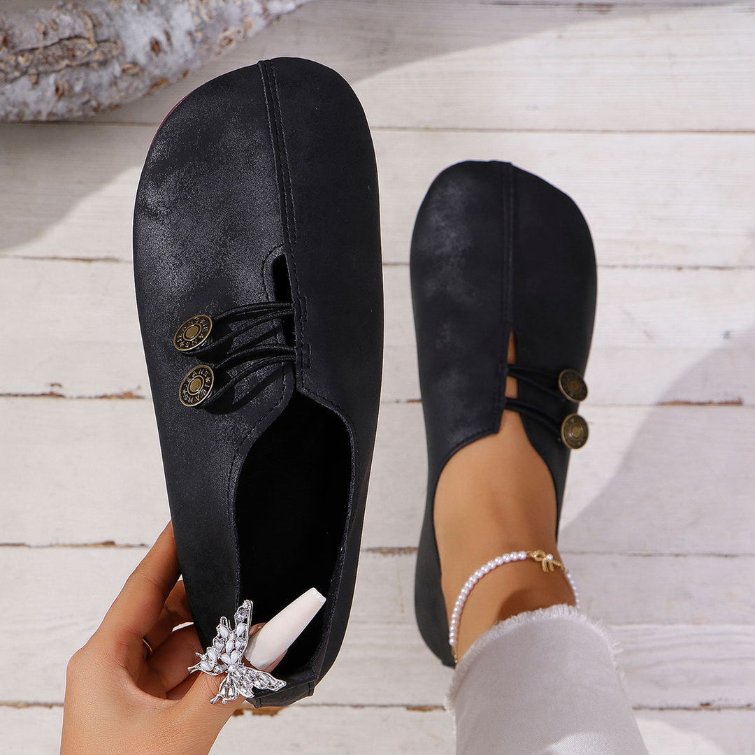 Women's Vintage Flat Loafers Cut Out Side Button Detail Slip On Casual Shoes
