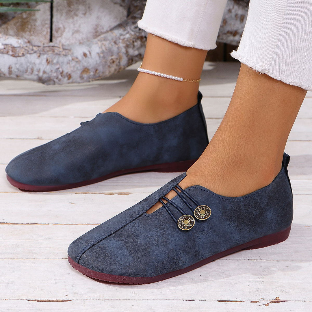 Women's Vintage Flat Loafers Cut Out Side Button Detail Slip On Casual Shoes