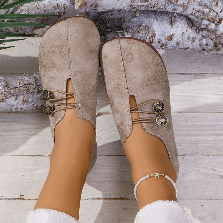 Women's Vintage Flat Loafers Cut Out Side Button Detail Slip On Casual Shoes