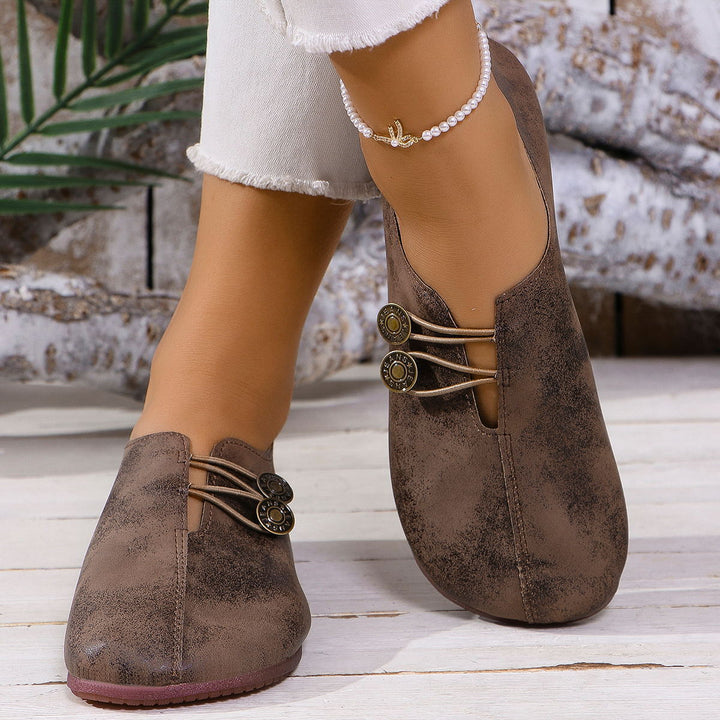 Women's Vintage Flat Loafers Cut Out Side Button Detail Slip On Casual Shoes