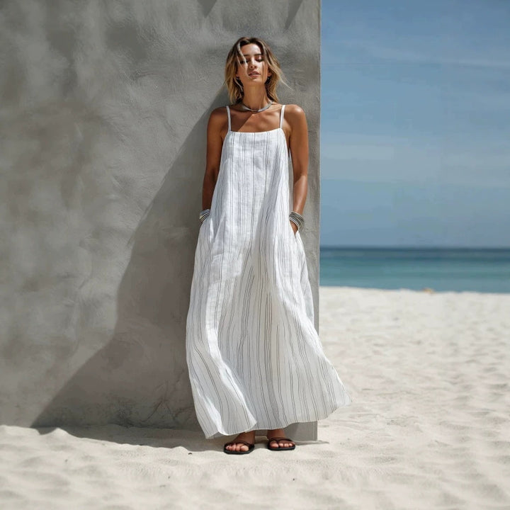 Women's Linen Stripe Maxi Dress Spaghetti Strap Loose Beach Summer Dress