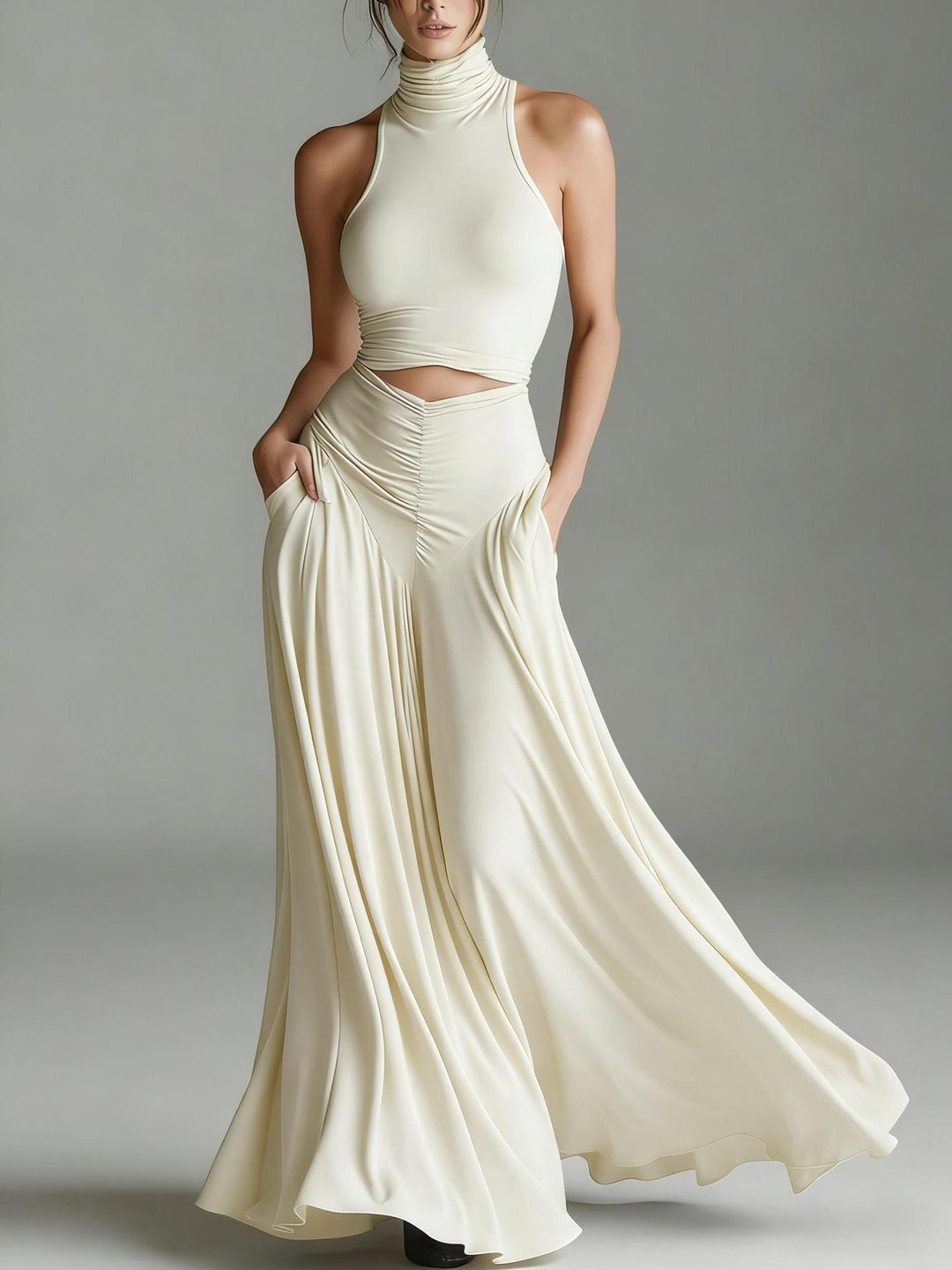 Women's Halter Neck Cut-Out Maxi Dress Ruched Waist Sleeveless Formal
