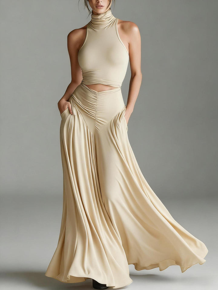 Women's Halter Neck Cut-Out Maxi Dress Ruched Waist Sleeveless Formal