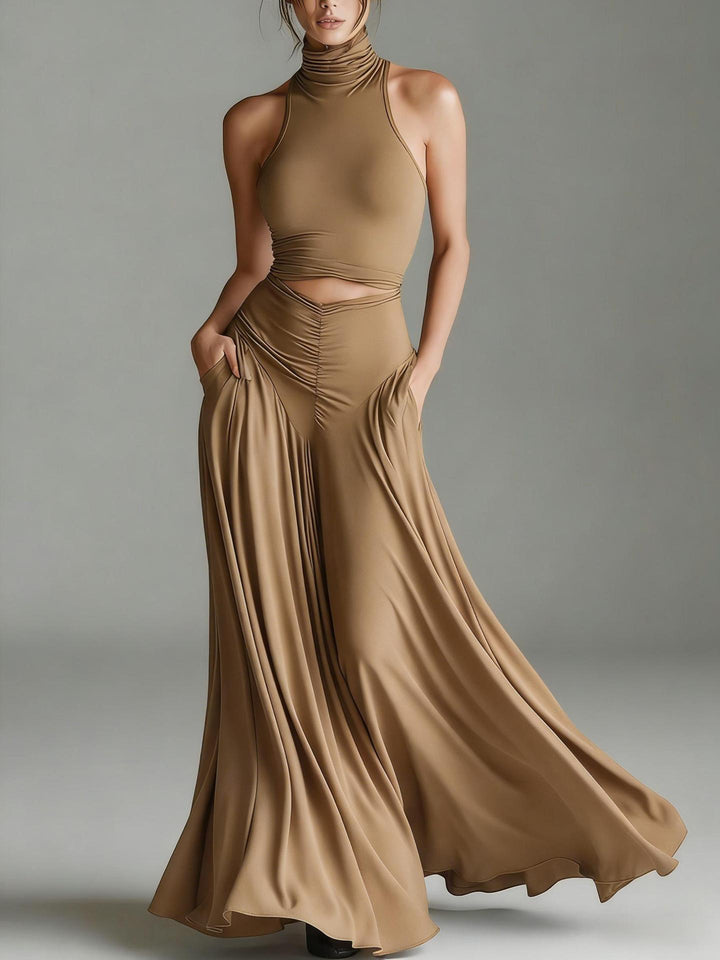 Women's Halter Neck Cut-Out Maxi Dress Ruched Waist Sleeveless Formal