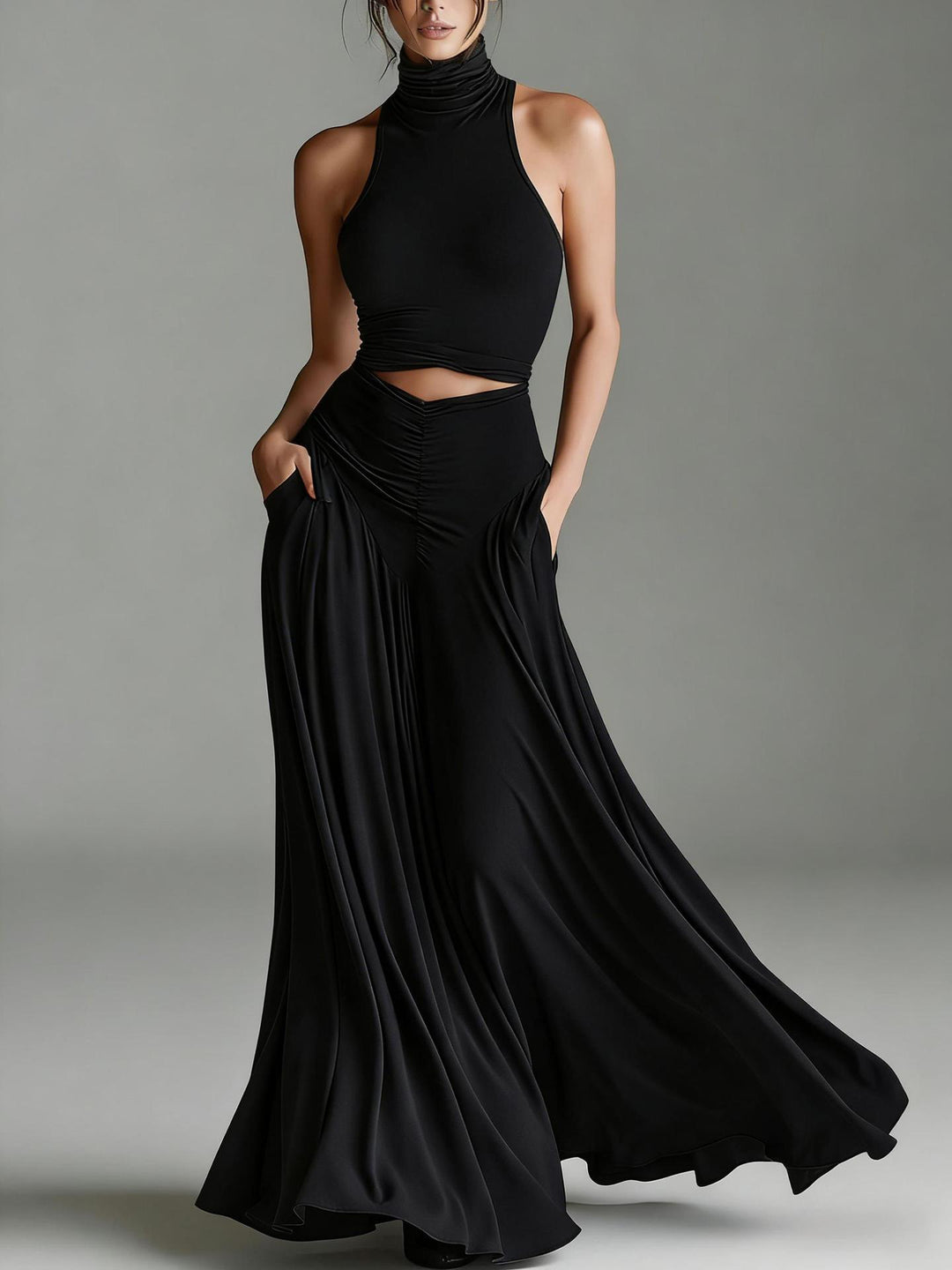 Women's Halter Neck Cut-Out Maxi Dress Ruched Waist Sleeveless Formal