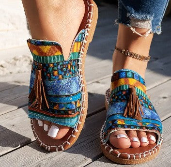 Women's Boho Tribal Print Flat Sandals Open Toe Tassel Slip On Summer