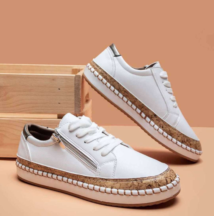 Women's Platform Sneakers Cork Sole Lace Up Side Zip Casual Trainers