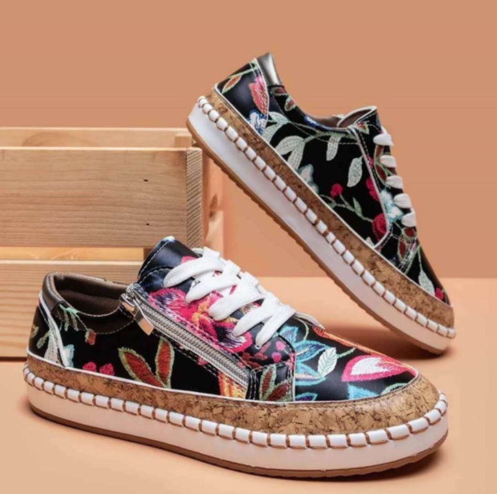 Women's Platform Sneakers Cork Sole Lace Up Side Zip Casual Trainers