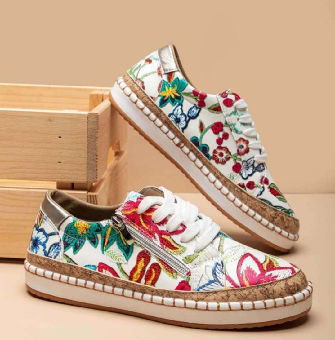 Women's Platform Sneakers Cork Sole Lace Up Side Zip Casual Trainers
