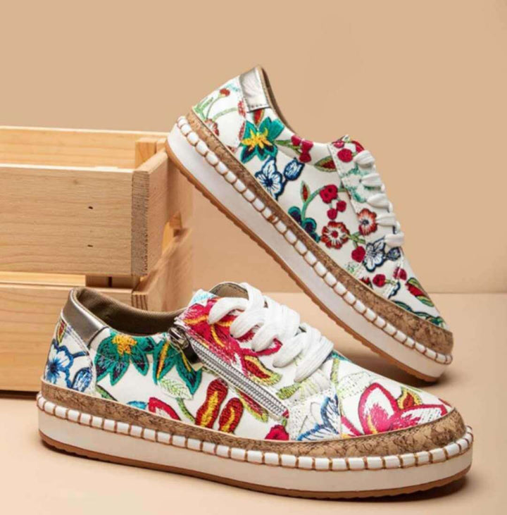 Women's Platform Sneakers Cork Sole Lace Up Side Zip Casual Trainers