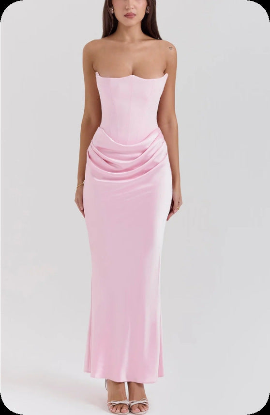 Women's Satin Corset Maxi Dress Strapless Ruched Bodycon Formal Evening Gown
