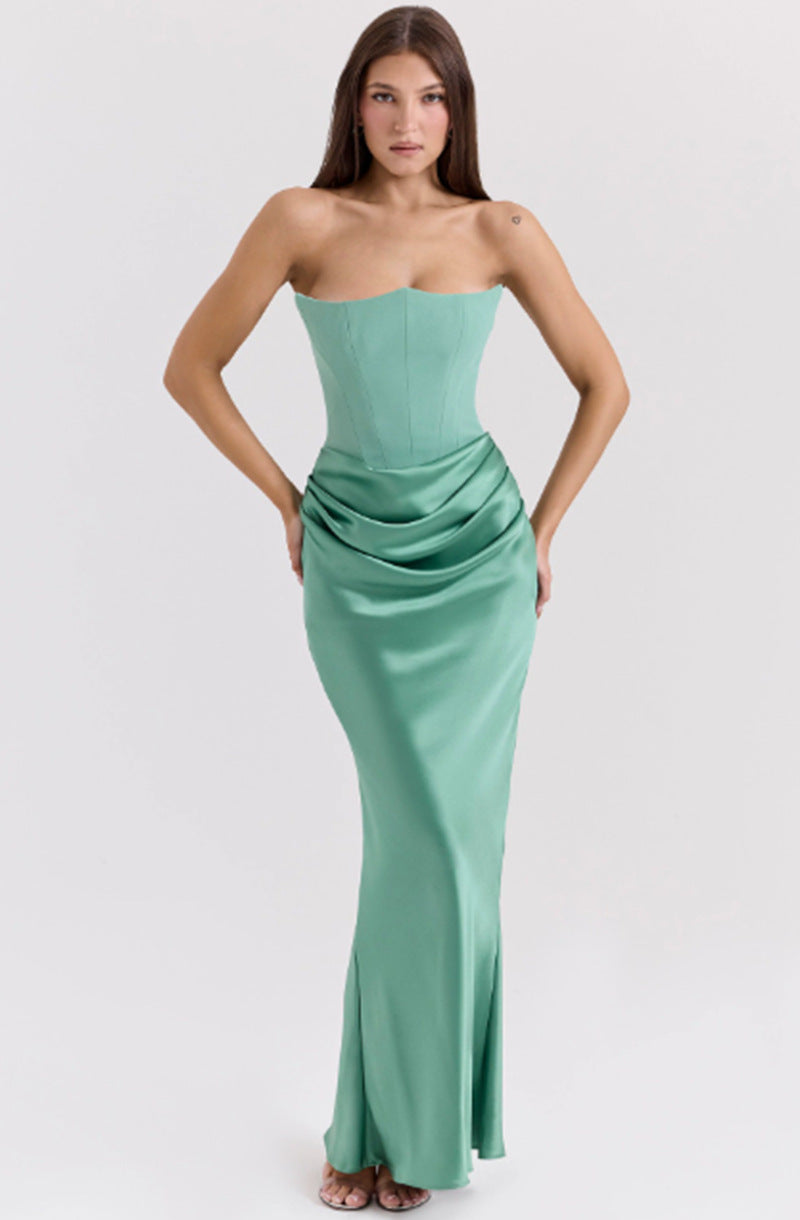 Women's Satin Corset Maxi Dress Strapless Ruched Bodycon Formal Evening Gown