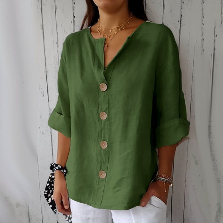 Women's Linen Button Front Blouse V-Neck 3/4 Sleeve Casual Summer Top