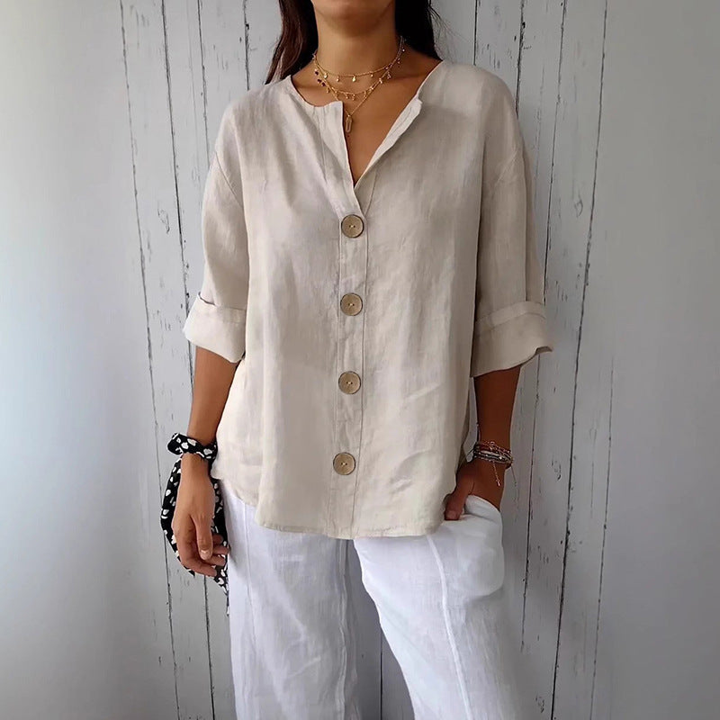 Women's Linen Button Front Blouse V-Neck 3/4 Sleeve Casual Summer Top