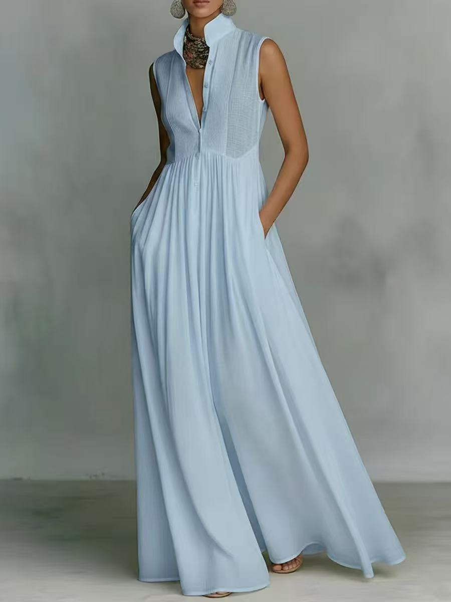 Women's Sleeveless Maxi Dress Stand Collar Button Front A-Line Summer Dress