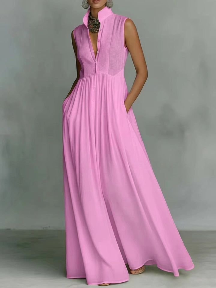 Women's Sleeveless Maxi Dress Stand Collar Button Front A-Line Summer Dress
