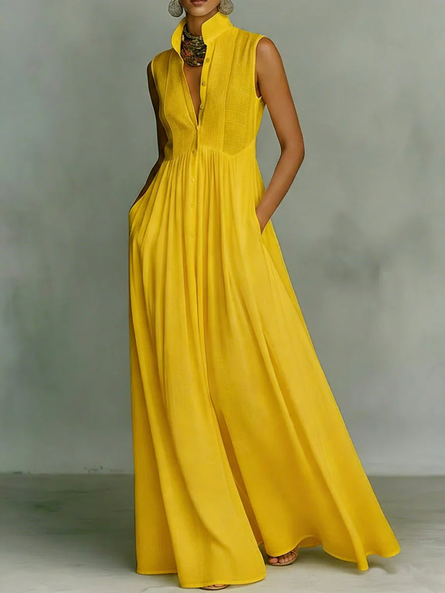 Women's Sleeveless Maxi Dress Stand Collar Button Front A-Line Summer Dress