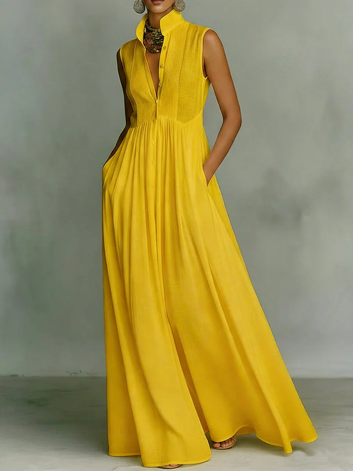 Women's Sleeveless Maxi Dress Stand Collar Button Front A-Line Summer Dress