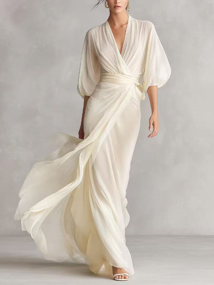 Women's Chiffon Wrap Maxi Dress Deep V-Neck Batwing Sleeve Draped Formal Evening Dress