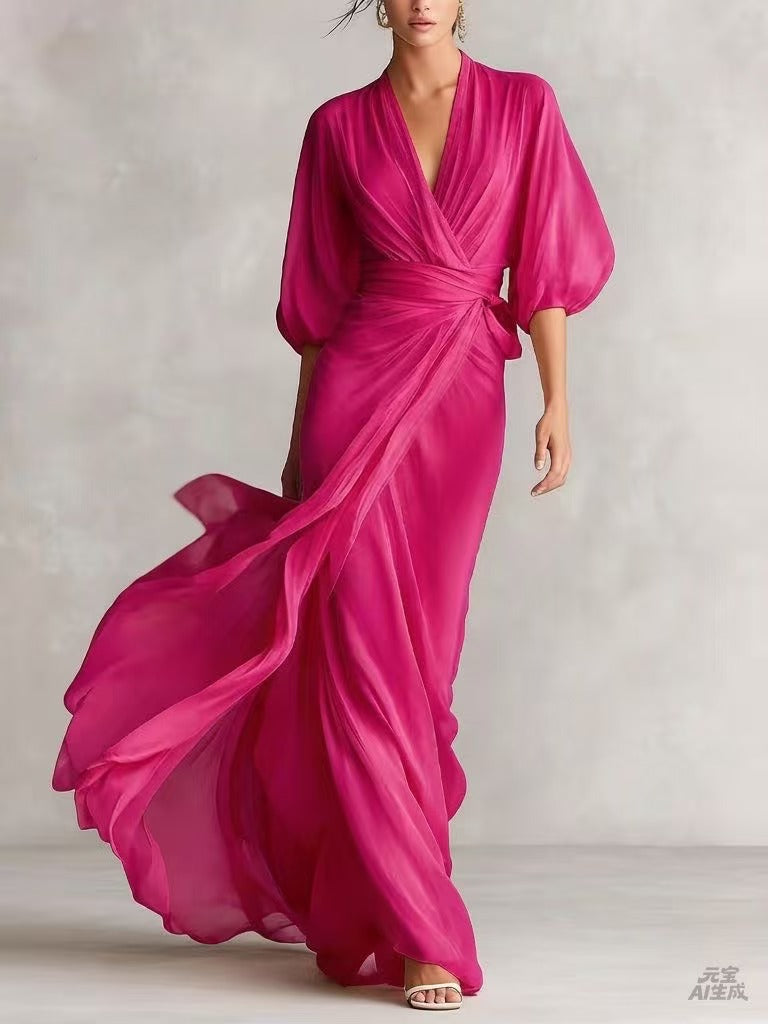 Women's Chiffon Wrap Maxi Dress Deep V-Neck Batwing Sleeve Draped Formal Evening Dress
