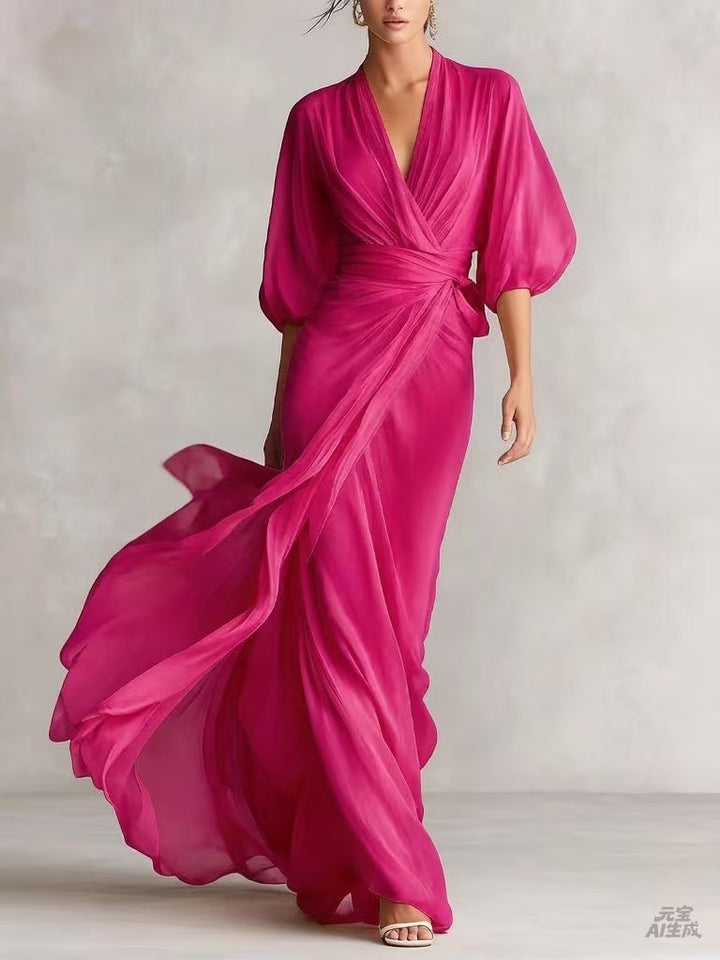 Women's Chiffon Wrap Maxi Dress Deep V-Neck Batwing Sleeve Draped Formal Evening Dress