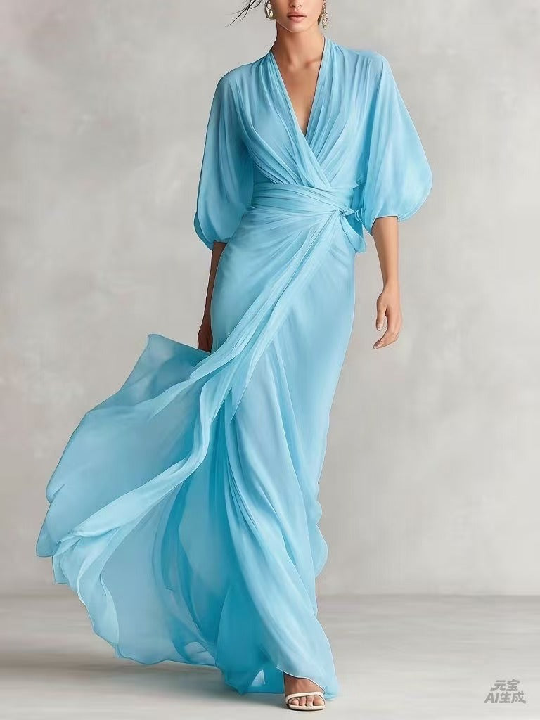 Women's Chiffon Wrap Maxi Dress Deep V-Neck Batwing Sleeve Draped Formal Evening Dress