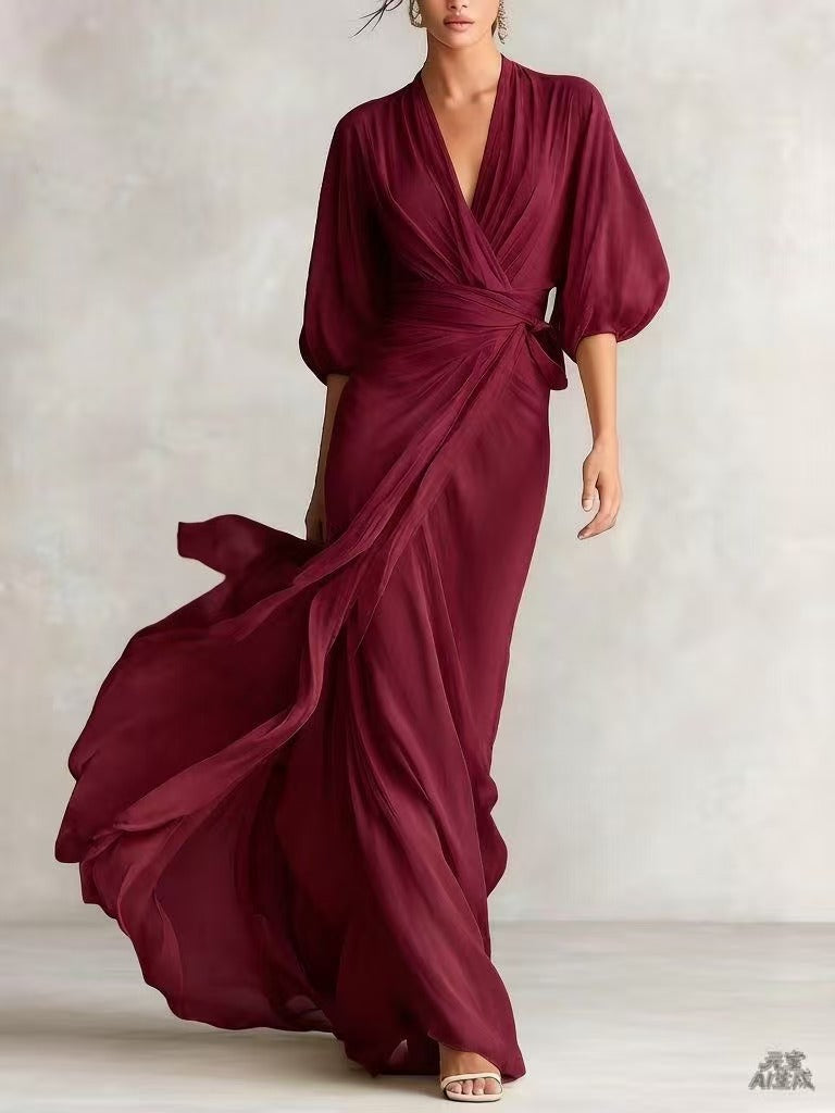 Women's Chiffon Wrap Maxi Dress Deep V-Neck Batwing Sleeve Draped Formal Evening Dress