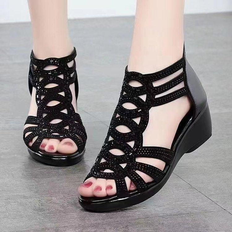 Women's Rhinestone Wedge Sandals Cut Out Gladiator Open Toe Crystal Summer