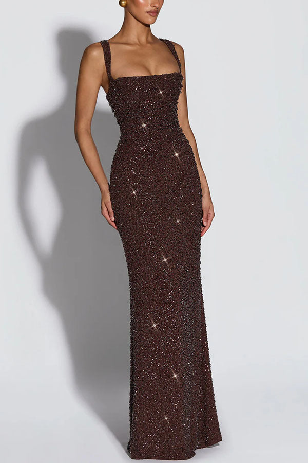 Women's Sequin Maxi Dress Sleeveless Square Neck Bodycon Formal Evening Gown