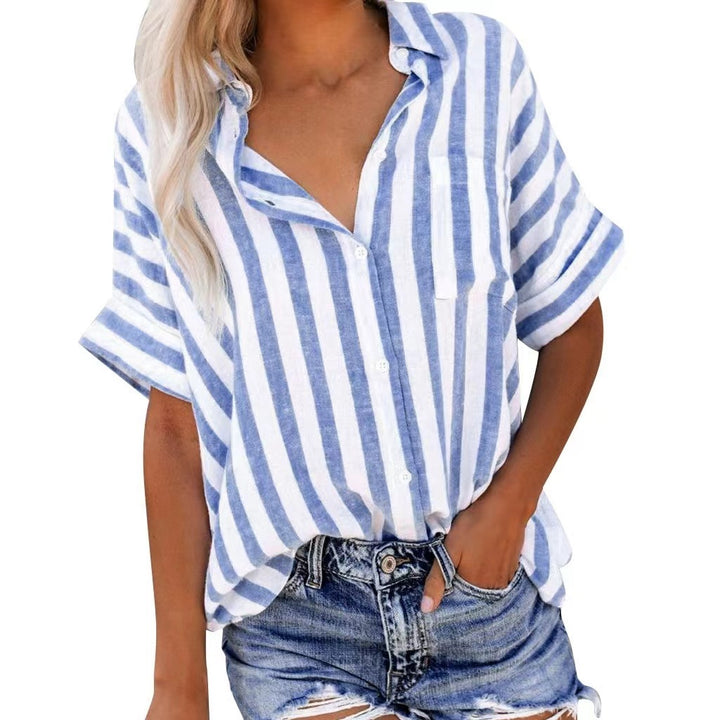 Women's Striped Linen Shirt Oversized Short-Sleeve Button-Down Casual Summer Blouse