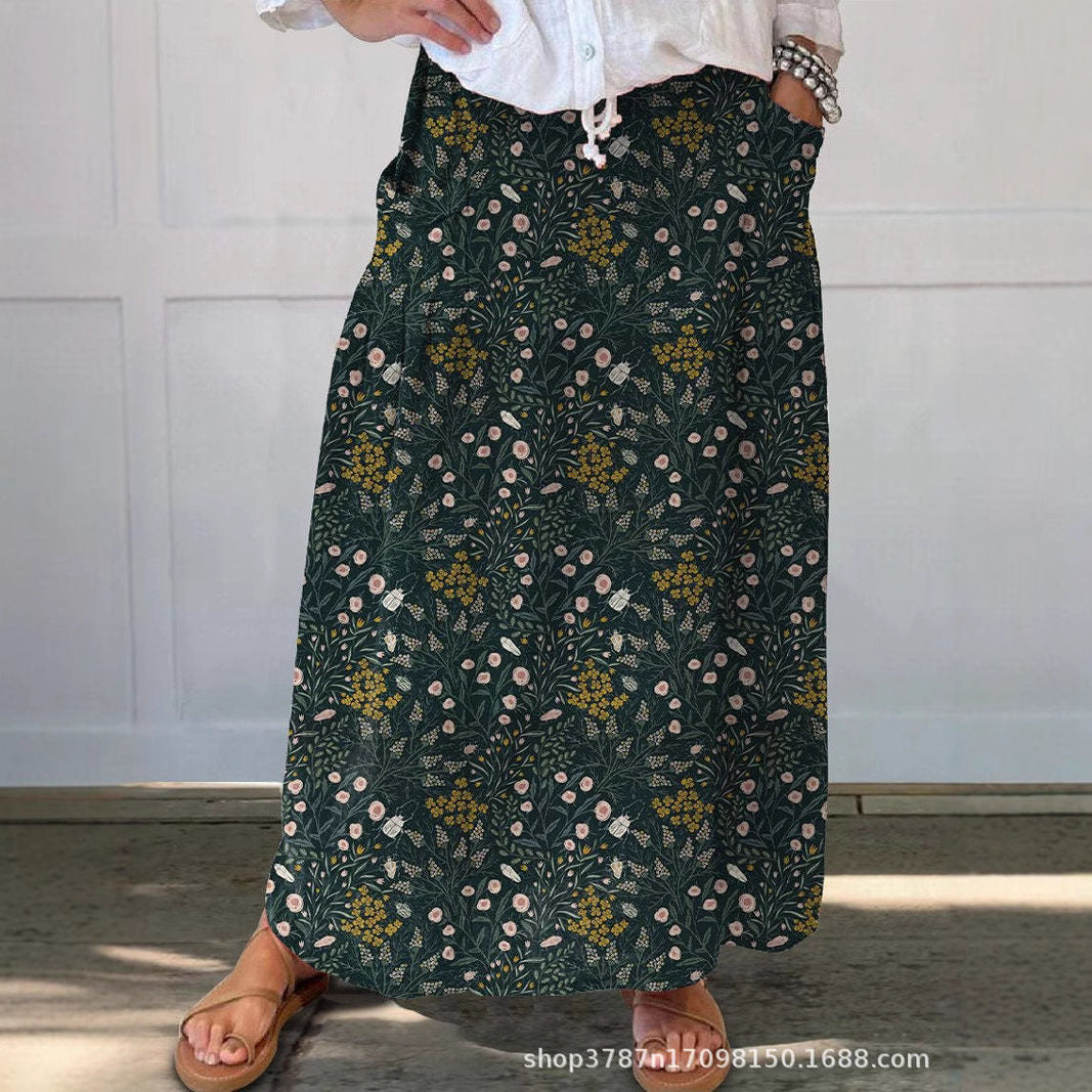 Women's Tropical Floral Print Maxi Skirt Elastic Waist Boho Beach Summer